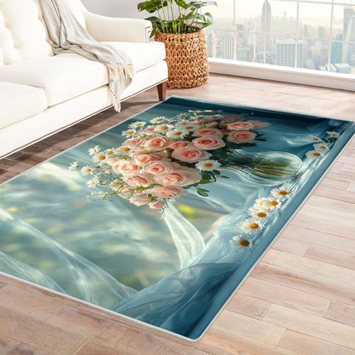 TERUEA 3D Teppich, EIN Rosenstrauß mit Gänseblümchen in Einer Vase Maschinenwaschbarer Teppiche rutschfeste Unterseite Geeignet für Bäder Küchen Eingangsbereiche(Hellrosa)-90x120cm von TERUEA