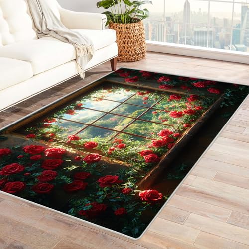 TERUEA 3D Teppich, Rosenmeer am Fenster für Wohnzimmer Schlafzimmer Dekor Teppiche Weiche Flanell KücheEsszimmer Bodenmatte(Rot)-120x180cm von TERUEA
