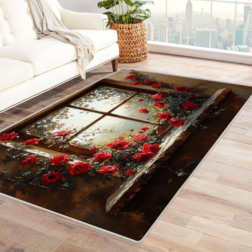 TERUEA 3D Teppich, rutschfest Zwei Rosenzweige im Fenster Gaming Teppiche, Unverzichtbare Fußmatte Für Teenager Und Teenagerer Wohnzimmer, Geeignet Für Schlafzimmer E-Sport Zimmer(Rot)-90x150cm von TERUEA