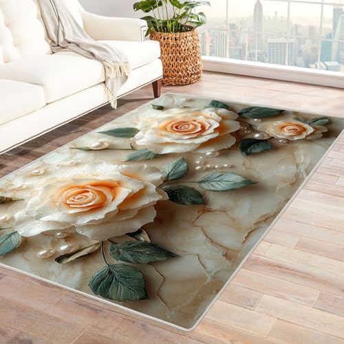 TERUEA 3D Tier Muster Cartoon Teppiche DREI 3D-Jadepfingstrosen mit perlendem Tau Teppiche Rutschfester Weich Carpet Bodenmatte Fußmatte für Jugendzimmer Esszimmer Schlafzimmer(Weiß)-240x300cm von TERUEA