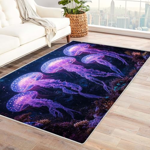 TERUEA 3D Visual Cool Style Decorative Carpet, Lila, wunderschöne Wassertiere im Meer Maschinenwaschbarer Teppich rutschfeste Unterseite Geeignet für Bäder Küchen Eingangsbereiche(Lila)-90x120cm von TERUEA