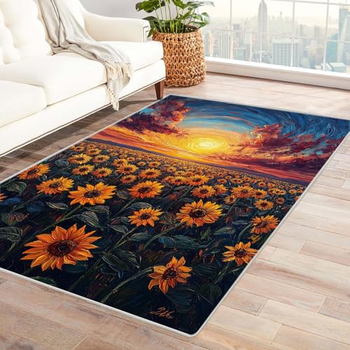 TERUEA 3D Visual Style Teppich Sonnenblumenfeld und EIN wirbelnder Himmel. Teppiche Gruselige Falle Visueller Teppiche rutschfeste Fußmatte Wohnzimmer Eingang Bodenmatte(Gelb)-90x120cm von TERUEA