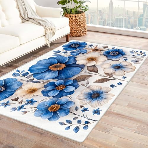 TERUEA Badematte (3D-Muster) Sanftes blau-beiges Blumenmuster Junge Geschenk MäDchen Teenager Schlafzimmer Deko Rug Wohnzimmer Carpet Farbe Anti-Rutsch(Blau)-240x300cm von TERUEA