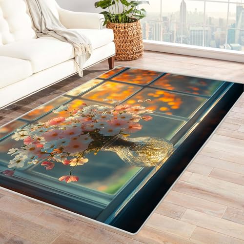TERUEA Badematte (3D-Muster) Schöne Wildblumenwiese Teppiche Wohnzimmer 3D Große Fläche Teppiche Teenagerer Schlafzimmer Dekor Anti-Rutsch-Bodenmatte.(Rot-Weiß)-210x300cm von TERUEA