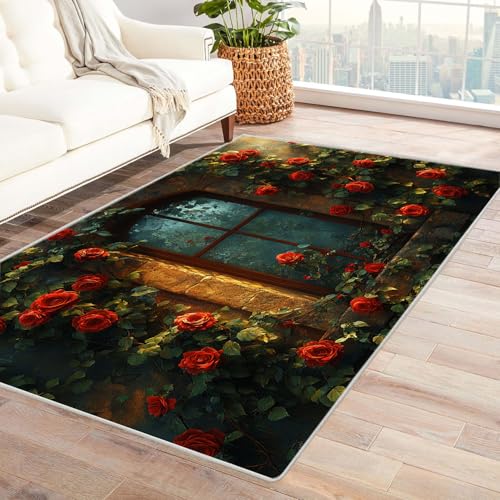 TERUEA Badematte (3D-Muster) Spärliches Rosenmeer im Fenster Teppiche rutschfest 3D Bodenmatte für Esszimmer Zuhause Schlafzimmer Zimmer Dekor(Rot)-180x270cm von TERUEA