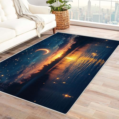 TERUEA Badematte (3D-Muster) Sterne auf der Oberfläche des Sees mit einem Hellen Mond Teppiche Wohnzimmer 3D Große Fläche Teppiche Schlafzimmer Dekor Anti-Rutsch-Bodenmatte.(Marineblau)-180x270cm von TERUEA