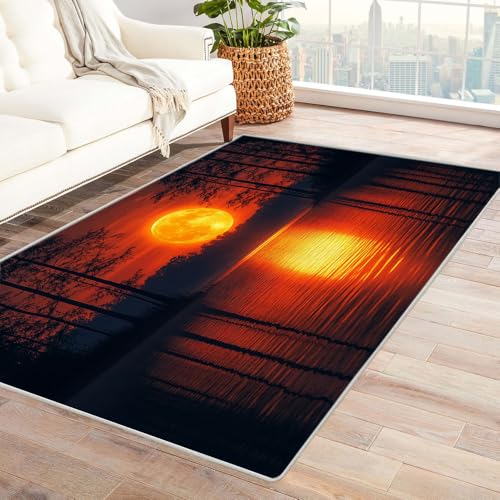 TERUEA Dschungel Tier Teppich, Area Mat, Blick auf den See bei Sonnenuntergang Personalisierte Fußmatte Rutschfester Türvorleger mit 3D-Landschaftsdruck,(Orange Brennen)-240x300cm von TERUEA