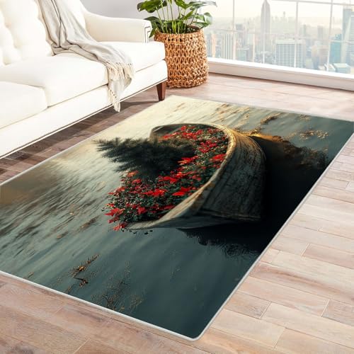 TERUEA Dschungel Tier Teppich, Area Mat, EIN Schiff mit Bäumen auf dem Wasser. Personalisierte Fußmatte Rutschfester Türvorleger mit 3D-Landschaftsdruck,(Grün)-90x150cm von TERUEA