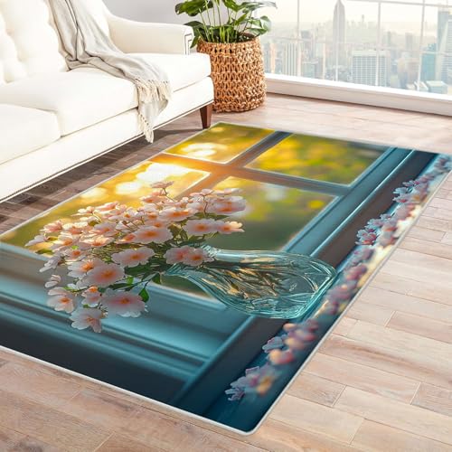 TERUEA Generisch Teppich Wohnzimmer Blumen in Einer Vase vor dem Fenster Muster Teppiche Schlafzimmer Dekor Modern 3D Druck Lumpen Weiche Flanell KücheEsszimmer Bodenmatte(Rosa)-180x240cm von TERUEA