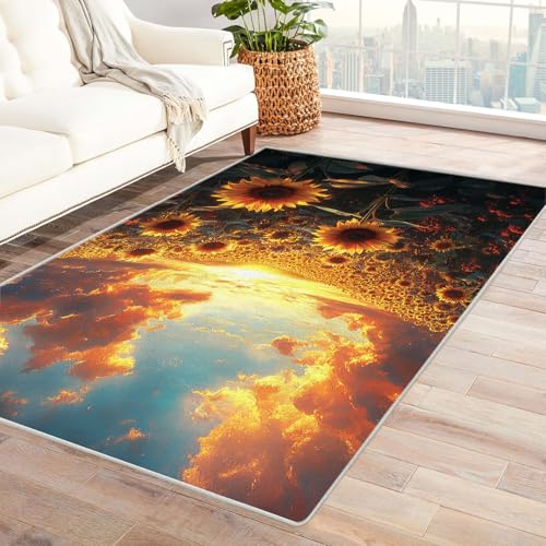 TERUEA Generisch Teppich Wohnzimmer EIN Feld mit Sonnenblumen, Tier Lumpen Schlafzimmer Dekor Modern 3D Druck Teppiche Bodenmatte(Gelb)-150x210cm von TERUEA