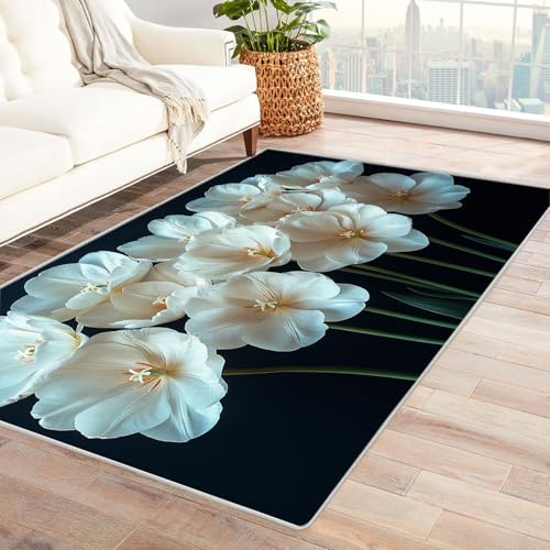 TERUEA Generisch Teppich Wohnzimmer EIN Strauß schöner Blumen, schwarzer Hintergrund Muster Teppiche Schlafzimmer Dekor Modern 3D Druck Lumpen Weiche Flanell KücheEsszimmer Bodenmatte(Weiß)-150x180cm von TERUEA