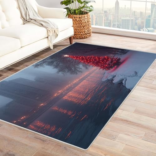 TERUEA Generisch Teppich Wohnzimmer EIN roter Baum Steht am Flussufer. Teppiche Rutschfester Weich Carpet Bodenmatte Fußmatte für Jugendzimmer Esszimmer Schlafzimmer(Rot)-90x150cm von TERUEA