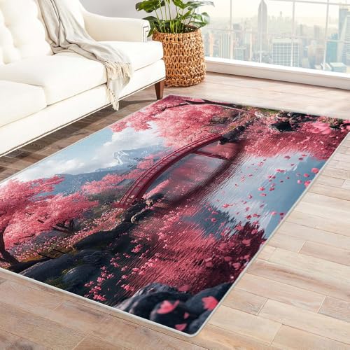 TERUEA Generisch Teppich Wohnzimmer Rosa Bäume und Holzbrücken Teppiche rutschfeste Fußmatte Wohnzimmer Eingang Bodenmatte(rosa)-120x150cm von TERUEA