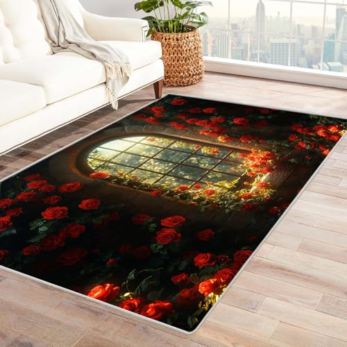 TERUEA Generisch Teppich Wohnzimmer Rosenmeer am Fenster Lumpen- Unverzichtbare Fußmatte Für Teenager, Geeignet Schlafzimmer Zimmer Für Teppiche Jungen(Rot)-180x270cm von TERUEA