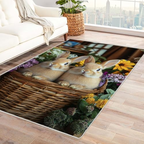 TERUEA Generisch Teppich Wohnzimmer Zwei süße braune Kaninchen sitzen in einem Blumenkorb, Lumpen- Unverzichtbare Fußmatte Für Teenager, Geeignet Schlafzimmer E-Sport Zimmer Gaming (Braun)-150x180cm von TERUEA