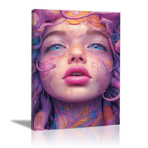 TERUEA Leinwand Bilder - Gemalte Frau Mehrfarbig - Ein süßes, cartoonartiges Meeresmuster Leinwand Bilder - Weiblicher Glamour(Gelb)-40x60cm1 Gerahmt von TERUEA