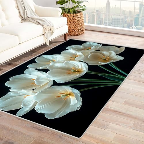 TERUEA Living Teppich EIN Strauß schöner Blumen, schwarzer Hintergrund Teppiche Wohnzimmer 3D Große Fläche Teppiche Teenagerer Schlafzimmer Dekor Anti-Rutsch-Bodenmatte.(Aprikose)-60x90cm von TERUEA
