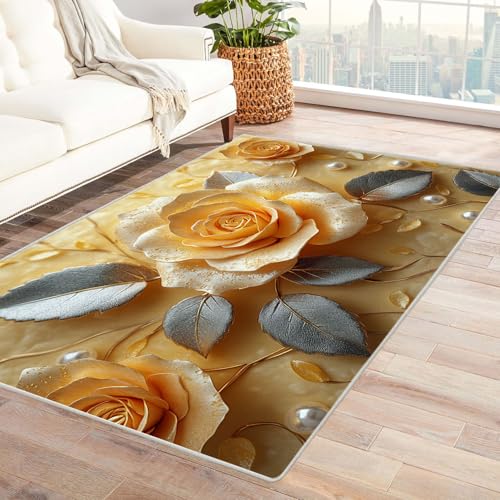 TERUEA Living Teppich EIN dreidimensionaler Goldener Zweig und Jadeblätter Badematte Rutschfester Teppiche, Garnieren Sie die Stimmung(Gold)-150x240cm von TERUEA