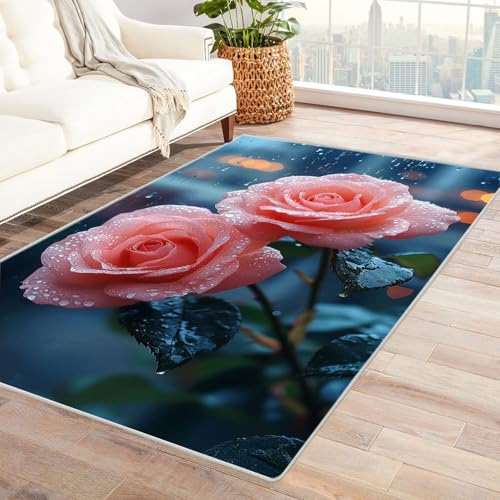 TERUEA Living Teppich Zwei Unterwasserrosen Personalisierte Fußmatte Rutschfester Türvorleger mit 3D-Landschaftsdruck,(Rosa)-210x300cm von TERUEA