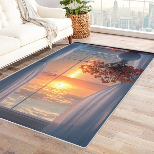 TERUEA Schmutzfangmatte Waschbar Fussmatte Innen Badteppiche EIN Fenster und weiße Vorhänge. Personalisierte Fußmatte Rutschfester Türvorleger mit 3D-Landschaftsdruck,(Weiß)-180x240cm von TERUEA