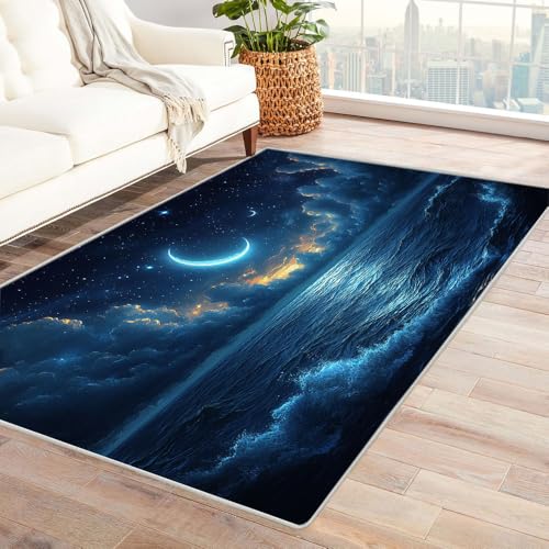 TERUEA Schmutzfangmatte Waschbar Fussmatte Innen Badteppiche Mondsichel auf dem Wasser 3D Teppiche Fußmatte Flanell, Stereo Vision rutschfeste Visuelle Dekoration,(Silber)-150x180cm von TERUEA