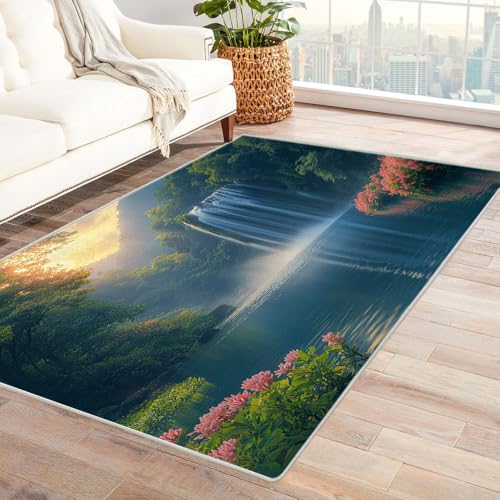 TERUEA Schmutzfangmatte Waschbar Fussmatte Innen Badteppiche Wasserfälle, Seen, Wälder Maschinenwaschbarer Teppiche rutschfeste Unterseite Geeignet für Bäder Küchen (Grün)-240x300cm von TERUEA