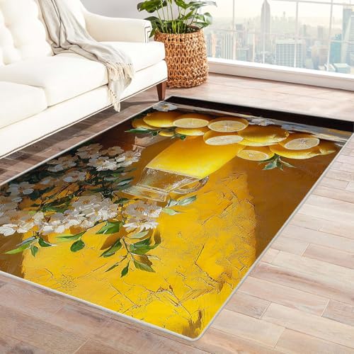 TERUEA Schmutzfangmatte Waschbar Fussmatte Innen EIN schönes Gemälde aus gelbem Zitronensaft in einem Glas 3D Optische Täuschung Teppich Fußmatte Flanell, rutschfeste(Gelb)-210x270cm von TERUEA