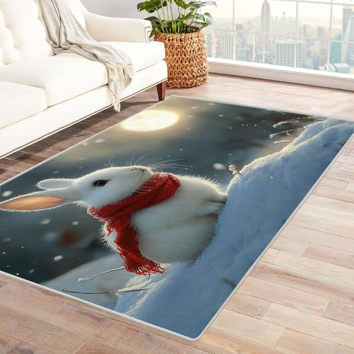 TERUEA Teppich Kurzflor EIN weißes Kaninchen mit rotem Schal sitzt auf dem Boden, Teppiche Teppiche rutschfeste Fußmatte Wohnzimmer Eingang Bodenmatte(Weiß)-60x90cm von TERUEA