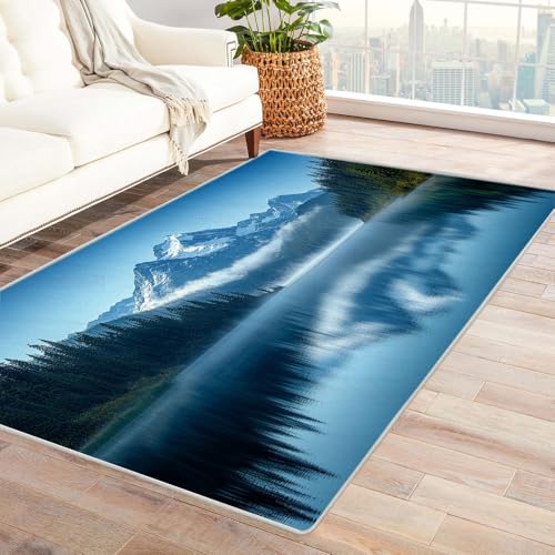 TERUEA Teppich Kurzflor Weich Schneebedeckte Berge spiegeln Sich auf der Oberfläche des Sees 3D Teppiche Fußmatte Flanell, Stereo Vision rutschfeste Visuelle Dekoration,(Blau-weiß)-150x210cm von TERUEA