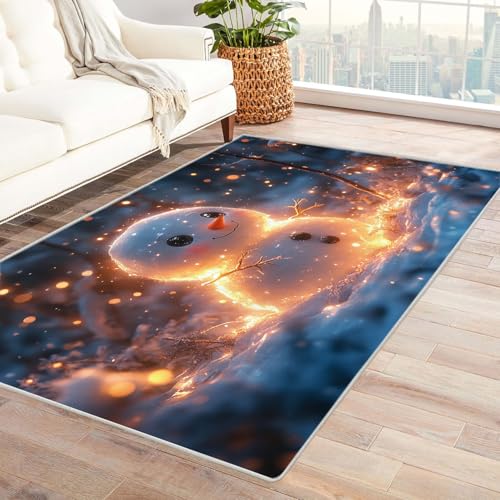 TERUEA Teppich Kurzflor Weich Strapazierfähig Süßer Schneemann. 3D Optische Täuschung Teppiche Fußmatte Flanell, Stereo Vision rutschfeste Visuelle Dekoration,(Weiß)-90x150cm von TERUEA