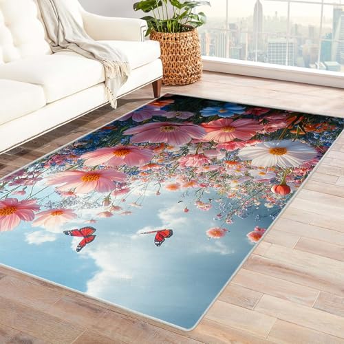 TERUEA Teppich Wohnzimmer, 3D Buntes Teppich EIN lebendiger, bunter Garten Junge Geschenk MäDchen Teenager Schlafzimmer Deko Rug Wohnzimmer Carpet Farbe Anti-Rutsch(Rosa)-120x180cm von TERUEA