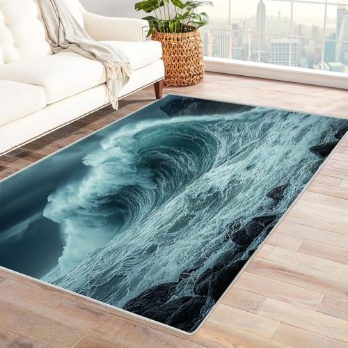 TERUEA Teppich Wohnzimmer, 3D Buntes Teppich Riesige Wellen Junge Geschenk MäDchen Teenager Schlafzimmer Thema Deko Rug Zimmer Wohnzimmer Carpet Farbe Anti-Rutsch(weiß)-210x270cm von TERUEA