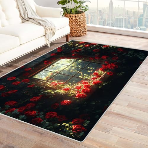 TERUEA Teppich Wohnzimmer, 3D Buntes Teppich Rosenmeer am Fenster 3D-Wohnzimmer-DekoTeppiche, Unverzichtbarer DekoTeppiche Für Teenager Und Für Schlafzimmer(Rot)-150x180cm von TERUEA