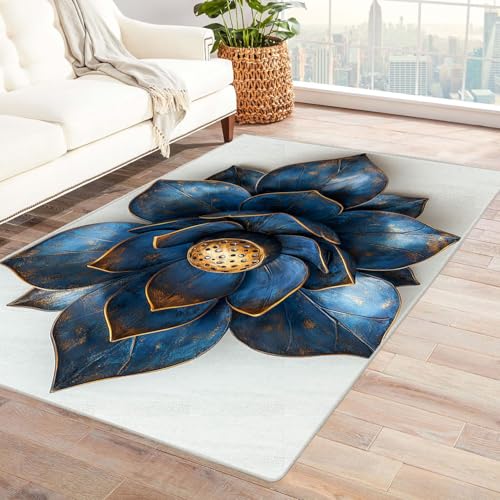 TERUEA Teppich Wohnzimmer 3D Tier Dunkelblauer metallischer Lotus Junge Geschenk MäDchen Teenager Schlafzimmer Deko Rug Wohnzimmer Carpet Farbe Anti-Rutsch(Marineblau)-60x90cm von TERUEA