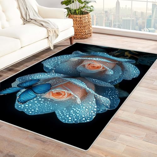 TERUEA Teppich Wohnzimmer 3D Tier Rose und Schmetterling Junge Geschenk MäDchen Teenager Schlafzimmer, Rug Wohnzimmer Carpet Farbe Anti-Rutsch(Blaugrün Blau)-180x270cm von TERUEA
