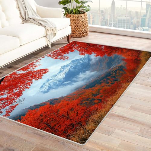 TERUEA Teppich rutschfest Küchenläufer Waschbar 3D Druckmuster Die Ahornblätter Rahmen die fernen Berge EIN Badematte Rutschfester BadTeppiche, Garnieren Sie die Stimmung(rot)-120x180cm von TERUEA