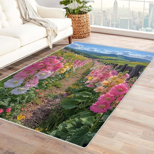 TERUEA Teppich rutschfest Küchenläufer Waschbar 3D Druckmuster Eine rosa, gelbe und weiße Stockrose, Teppiche rutschfest 3D für Esszimmer Zuhause Schlafzimmer Zimmer Dekor(Rosa)-180x240cm von TERUEA
