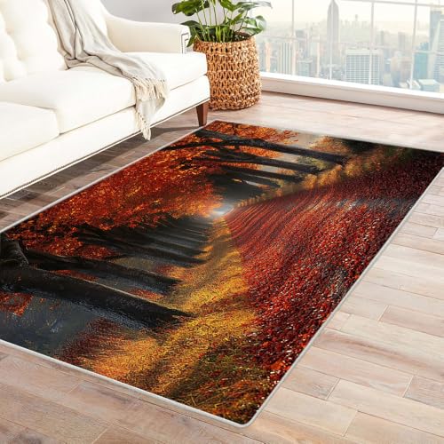TERUEA Teppich rutschfest Küchenläufer Waschbar 3D Druckmuster Korridor aus rotem Ahornblatt Personalisierte Fußmatte Rutschfester Türvorleger mit 3D-Landschaftsdruck,(Korallen-Orange)-240x300cm von TERUEA