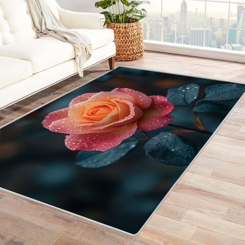 TERUEA Teppich rutschfest Küchenläufer Waschbar 3D Druckmuster Rosa Champagnerrose Badematte Rutschfester Teppiche, Garnieren Sie die Stimmung(Rosa)-180x240cm von TERUEA