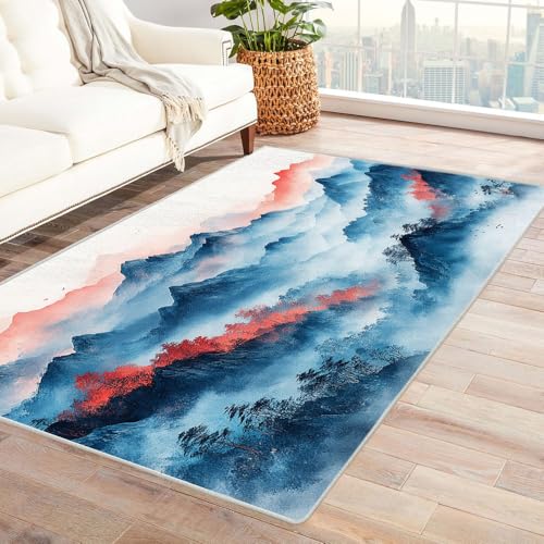 TERUEA Teppich rutschfest Küchenläufer Waschbar 3D Druckmuster Wunderschöne Landschaft des Nebelgebirges Wunderschön Teppiche Jungen, für Esszimmer Zuhause Schlafzimmer Zimmer Dekor(blau)-90x120cm von TERUEA