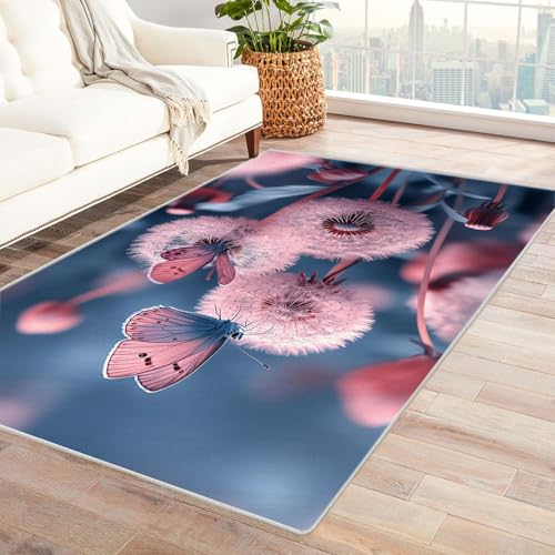 TERUEA Teppiche Blassrosa und graue Löwenzahnblüten und Schmetterlinge, Gaming Teppiche, Unverzichtbare Fußmatte Für Wohnzimmer, Geeignet(Rosa)-60x90cm von TERUEA