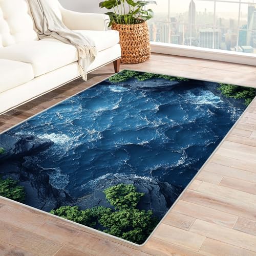 TERUEA Waschbar Fussmatte Innen Badteppiche Sonnenuntergang mit sanften Wellen auf dem Wasser Personalisierte Fußmatte Rutschfester Türvorleger mit 3D-Landschaftsdruck,(Orange)-150x240cm von TERUEA