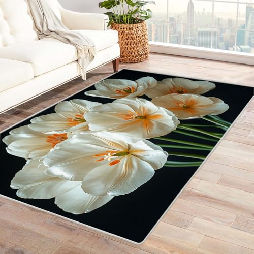 TERUEA Waschbar Fussmatte Innen Teppiche EIN Strauß schöner Blumen, schwarzer Hintergrund Personalisierte Fußmatte Rutschfester Türvorleger mit 3D-Landschaftsdruck,(Gelb)-180x270cm von TERUEA