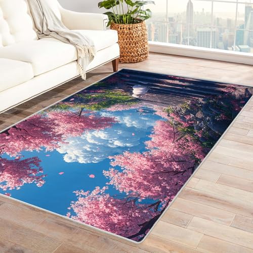 TERUEA Waschbar Fussmatte teppiche Weiße Stufen, grüne Blätter, Teppiche Teppiche rutschfeste Fußmatte Wohnzimmer Eingang Bodenmatte(Rosa)-60x90cm von TERUEA