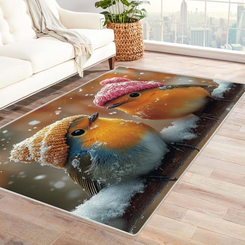 TERUEA Waschbar Fussmatte teppiche Zwei entzückende kleine Vögel mit Hüten und Schals, 3D Optische Täuschung Teppiche Fußmatte Flanell, Stereo Vision rutschfeste Visuelle Dekoration,(Gelb)-180x240cm von TERUEA