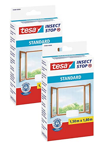 TESA Fliegengitter für Fenster Standard, weiß, leichter Sichtschutz, 1,5m x 1,8m (2er Pack - 1,5m:1,8m) von tesa
