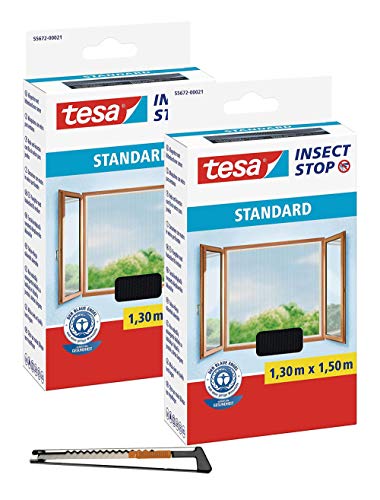 TESA Insect Stop STANDARD Fliegengitter für Fenster (1,3m:1,5m, 2 Stück/Anthrazit + Profi-Cuttermesser Metall) von tesa
