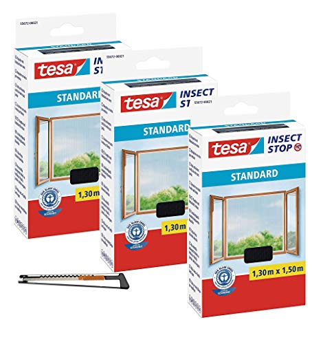 TESA Insect Stop STANDARD Fliegengitter für Fenster (1,3m:1,5m, 3 Stück/Anthrazit + Profi-Cuttermesser Metall) von tesa