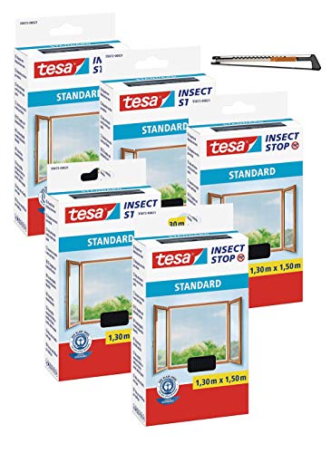 TESA Insect Stop STANDARD Fliegengitter für Fenster (1,3m:1,5m, 5 Stück/Anthrazit + Profi-Cuttermesser Metall) von tesa