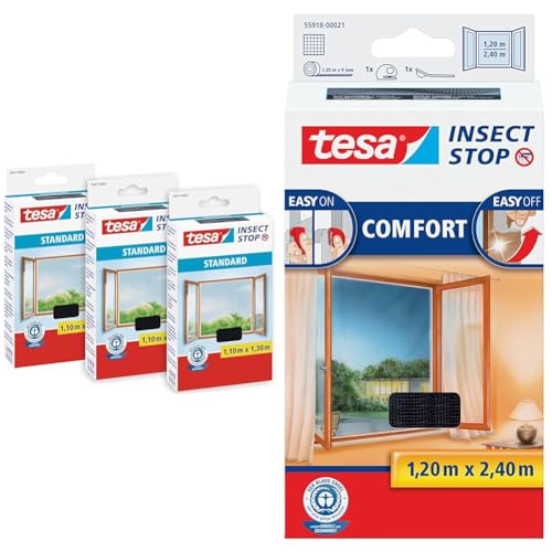 TESA Insect Stop STANDARD Fliegengitter für Fenster im 3er Pack & Insect Stop COMFORT Fliegengitter für bodentiefe Fenster von tesa